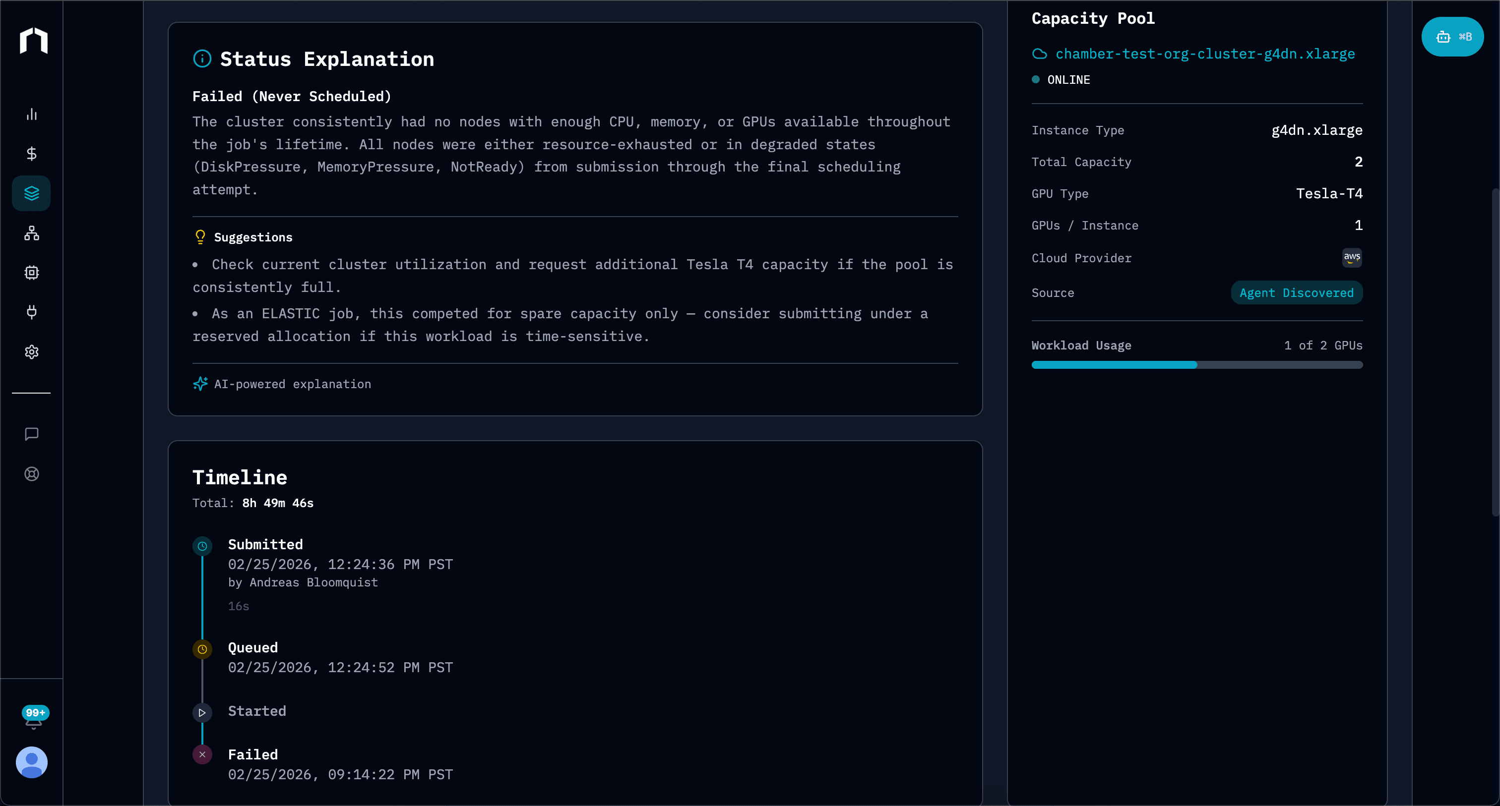 AI root cause analysis with failure summary and evidence