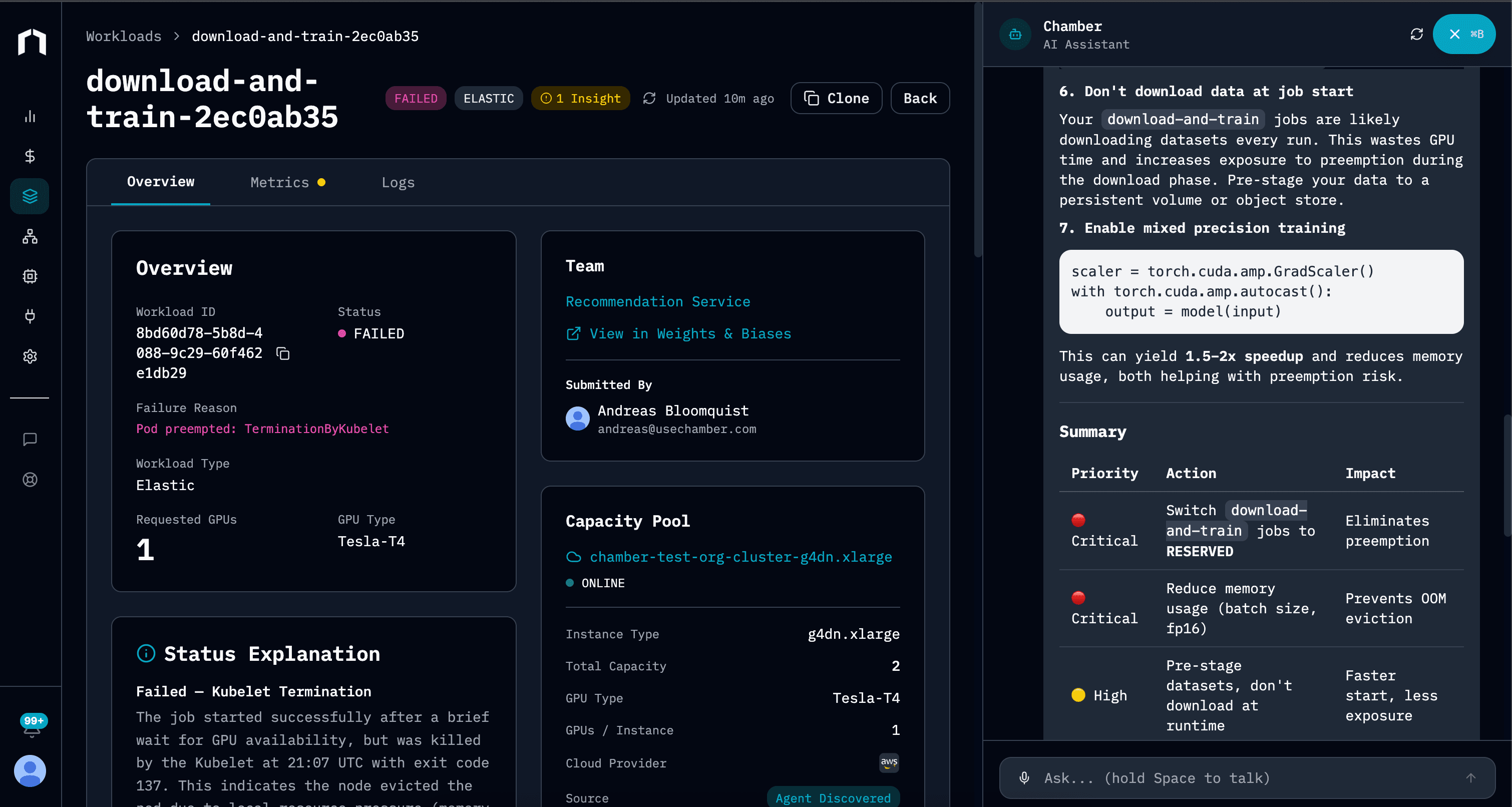 Chambie AI agent answering infrastructure queries
