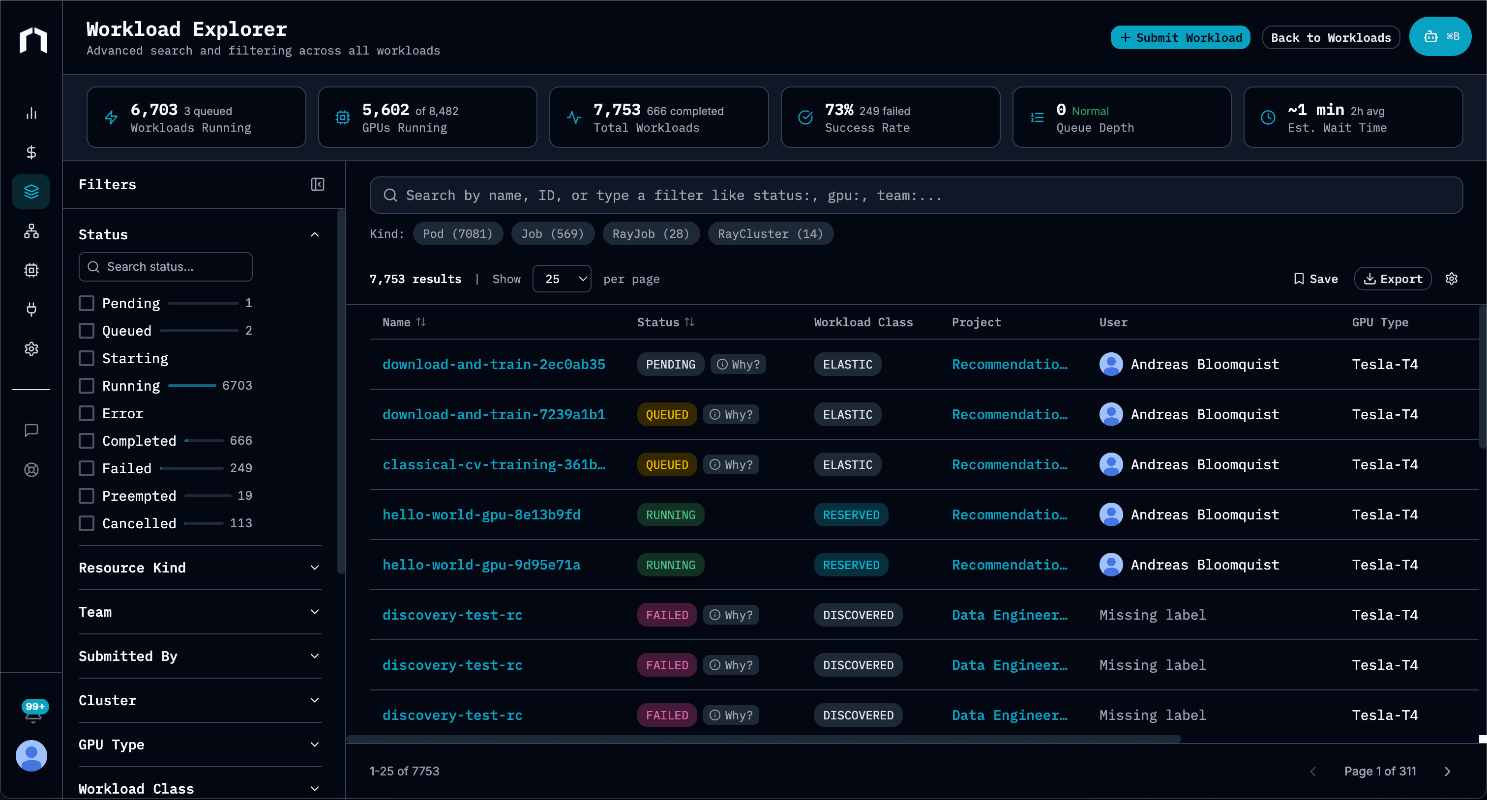 Workload Explorer showing jobs across clusters with filters